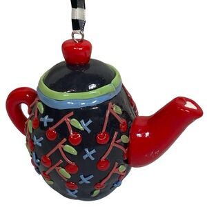 Mary Engelbreit Teapot Ornament Cherry Design Black Red‎ Hanging Christmas Decor